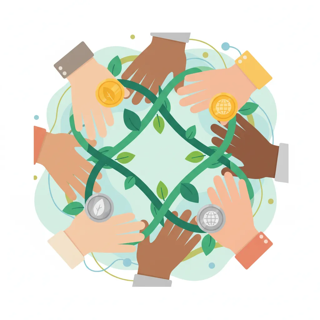 Diverse hands holding green shoots and coins, symbolizing ethical investment