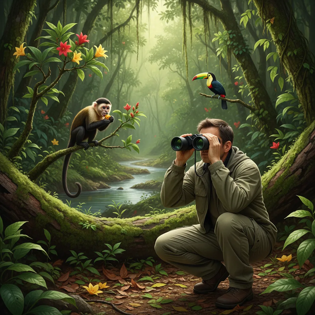 Person observing wild animal with binoculars in natural habitat.