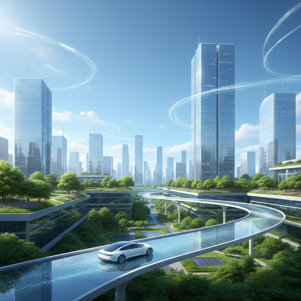 Electric car driving in a clean city, representing environmental benefits