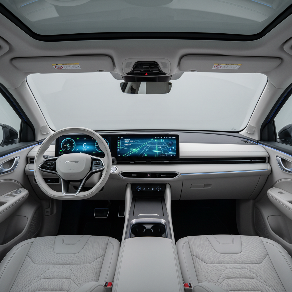 High-tech interior of an electric vehicle with a large display screen