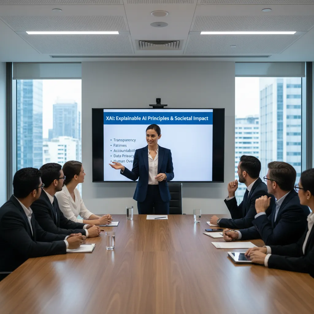 Executive discussing AI ethics and transparency in a meeting