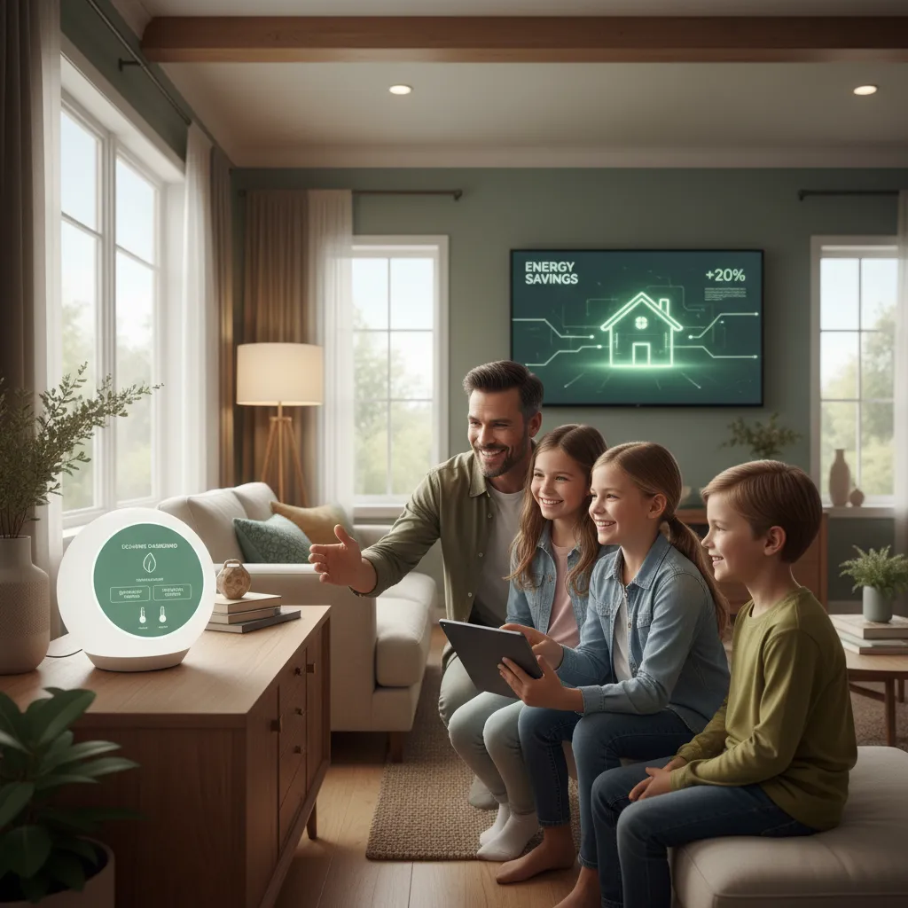 Family using voice AI for smart home sustainability
