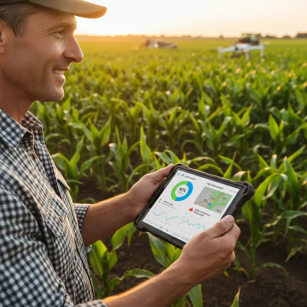 Farmer using tablet with AI farming data in field