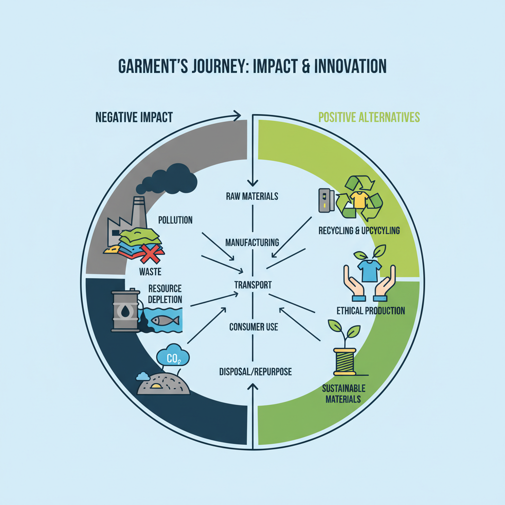 Infographic illustrating environmental impact of fashion and sustainable alternatives.