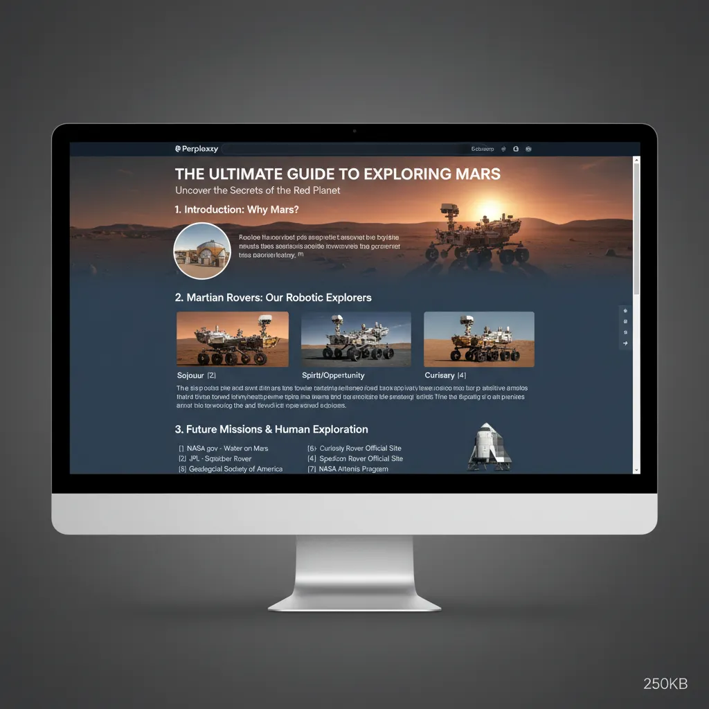 A visual representation of an AI-generated Perplexity Page about 'exploring Mars' showing cited sources and images.