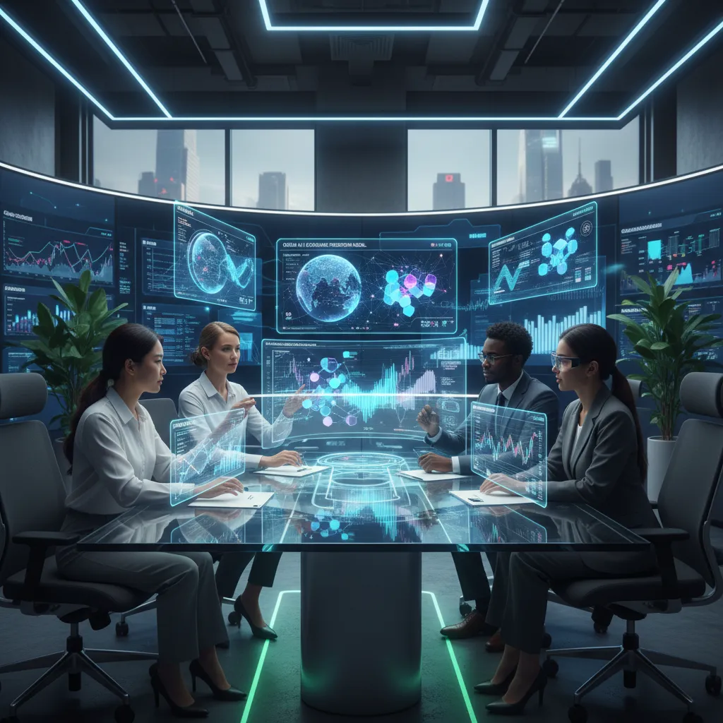 A diverse team of financial analysts and data scientists collaborating around a futuristic interface displaying quantum data