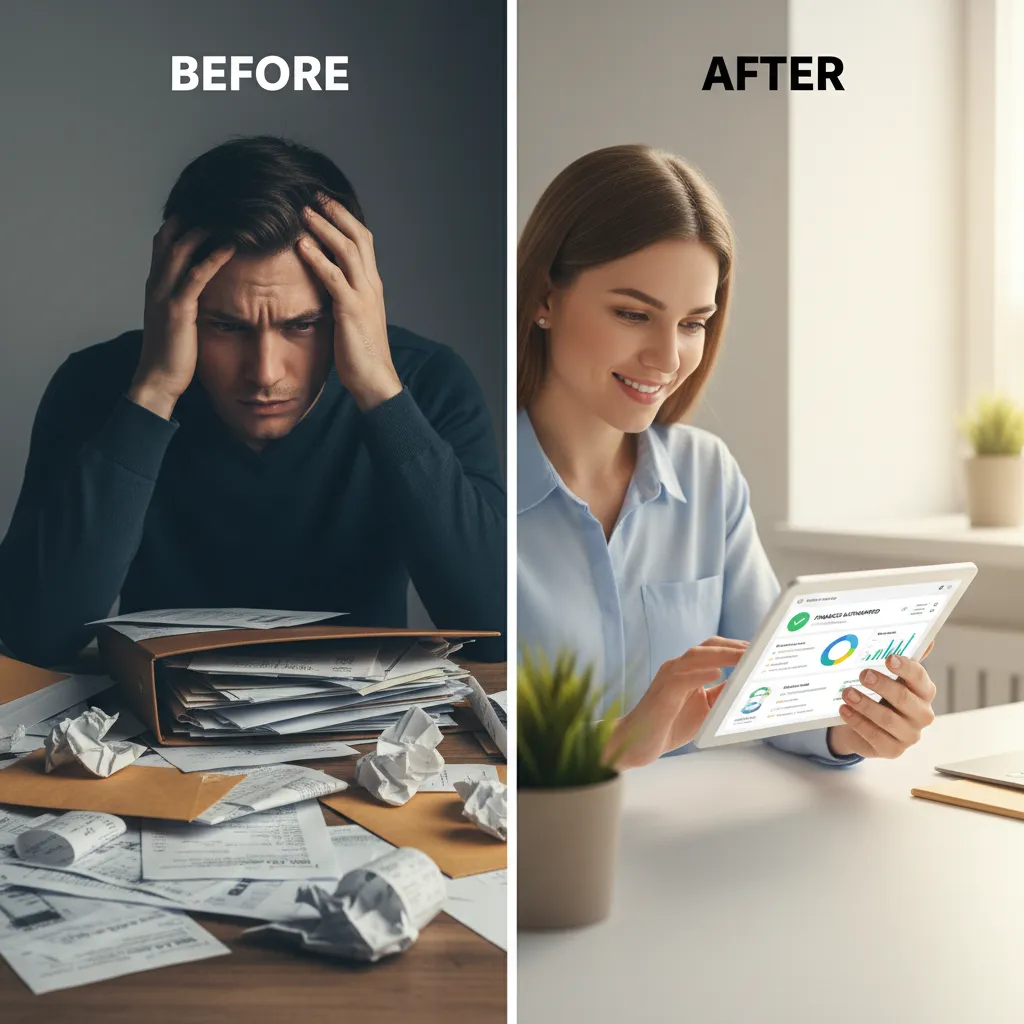 A person looking relieved and happy while their finances are being managed automatically in the background.