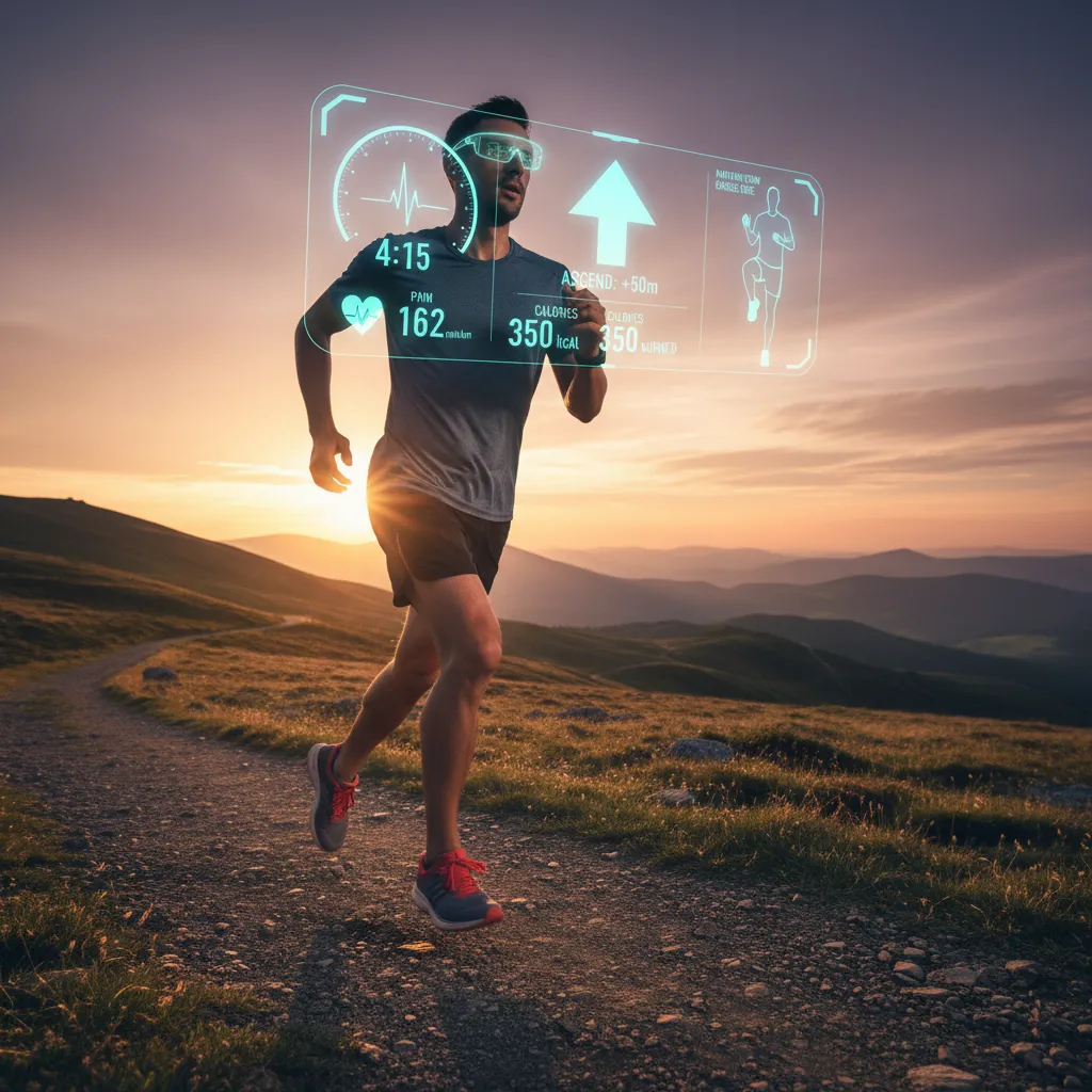 Person exercising outdoors, augmented reality overlays, real-time performance data