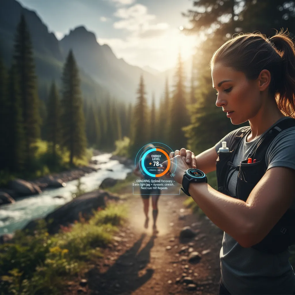 Athlete checking performance metrics on AI smartwatch during workout