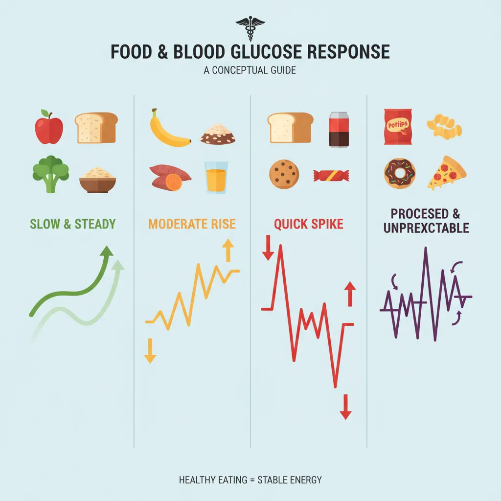 Infographic showing various foods and their impact on blood glucose curves