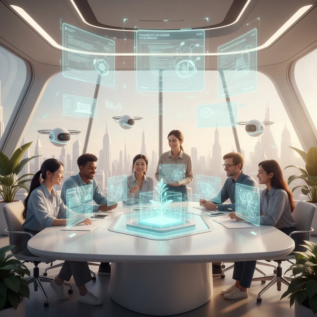 Vision of a futuristic workspace where AI agents seamlessly assist people.