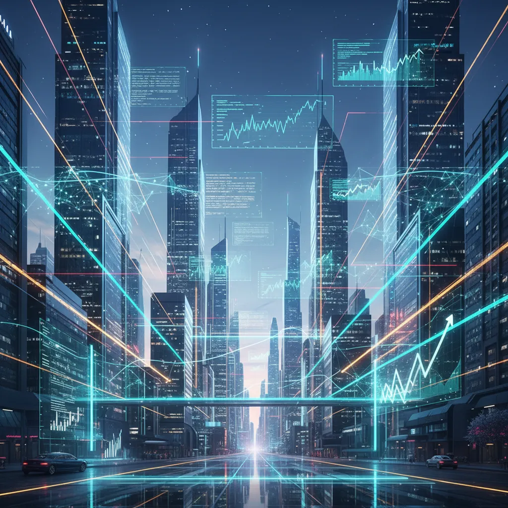 Futuristic cityscape with AI financial networks