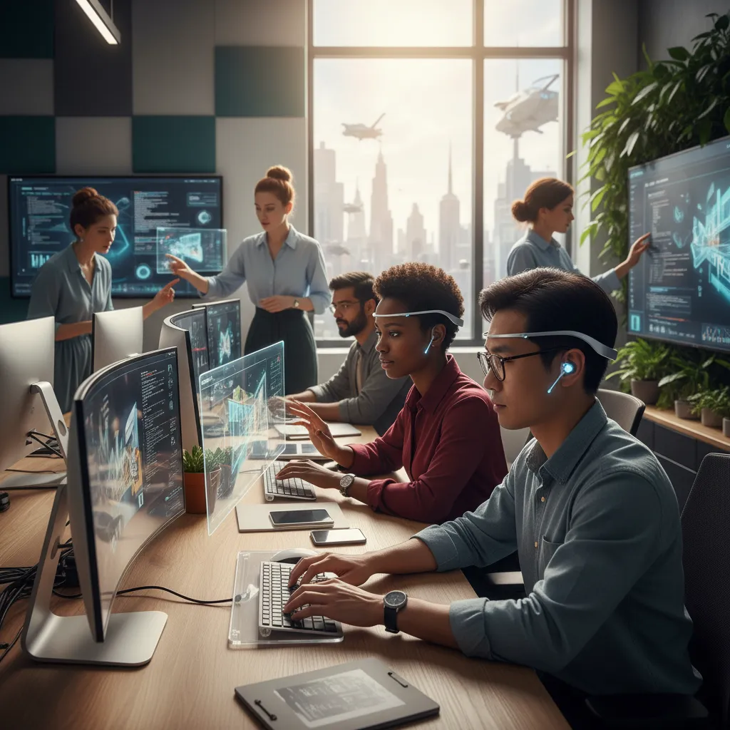 Professionals in a modern workspace using BCI devices