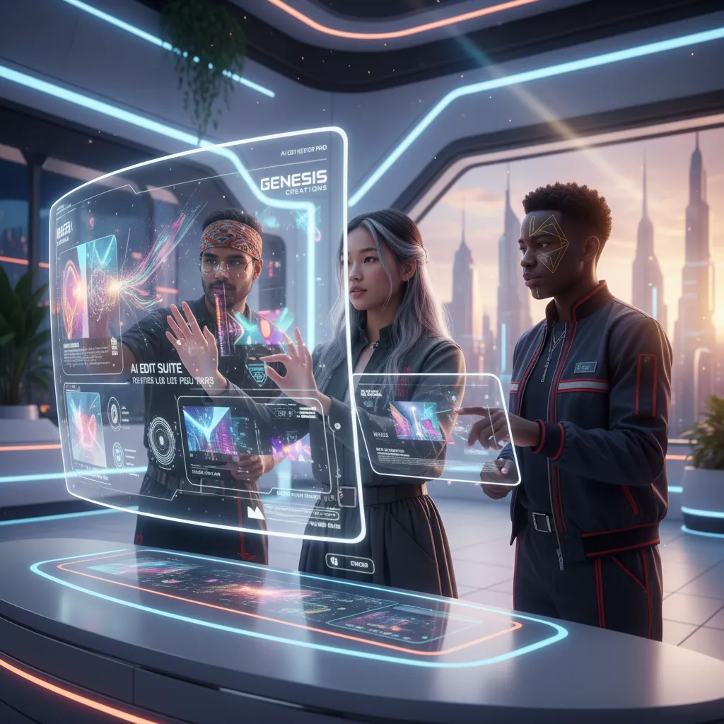 A content creator editing AI-generated video on a futuristic transparent screen.