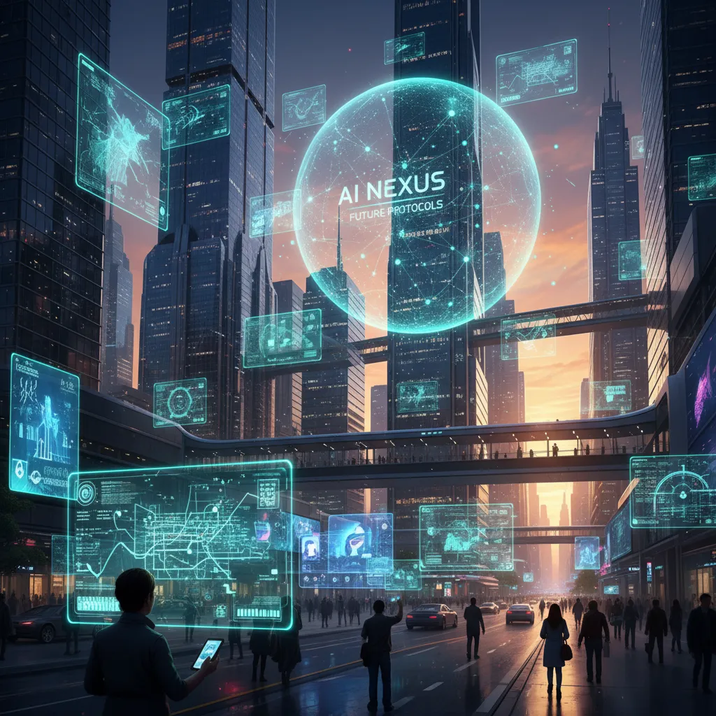 Futuristic urban landscape with holographic AI interfaces.