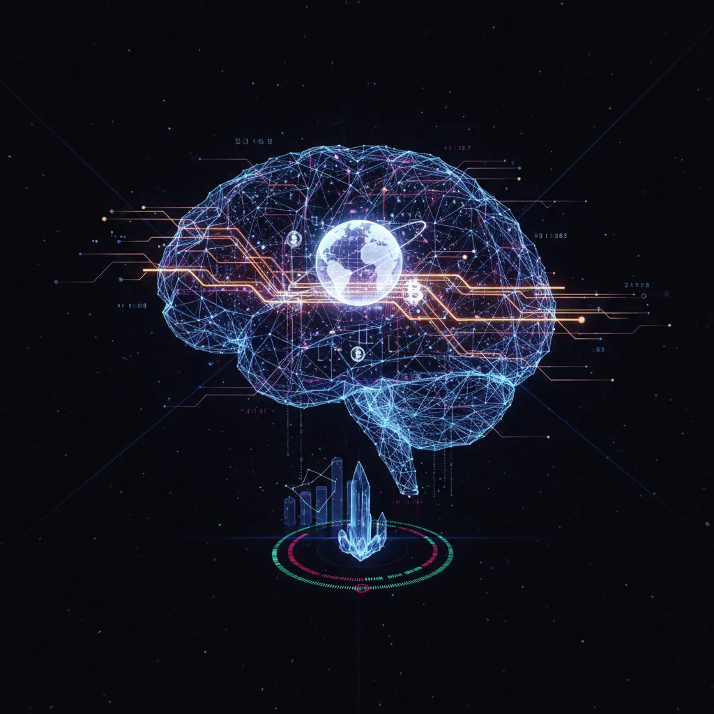 Abstract visualization of a glowing brain made of interconnected data points, representing the future of AI in fintech.