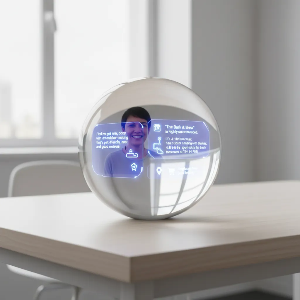 An illustration of a crystal ball showing a more advanced, conversational, and integrated AI search interface for the year 2025.
