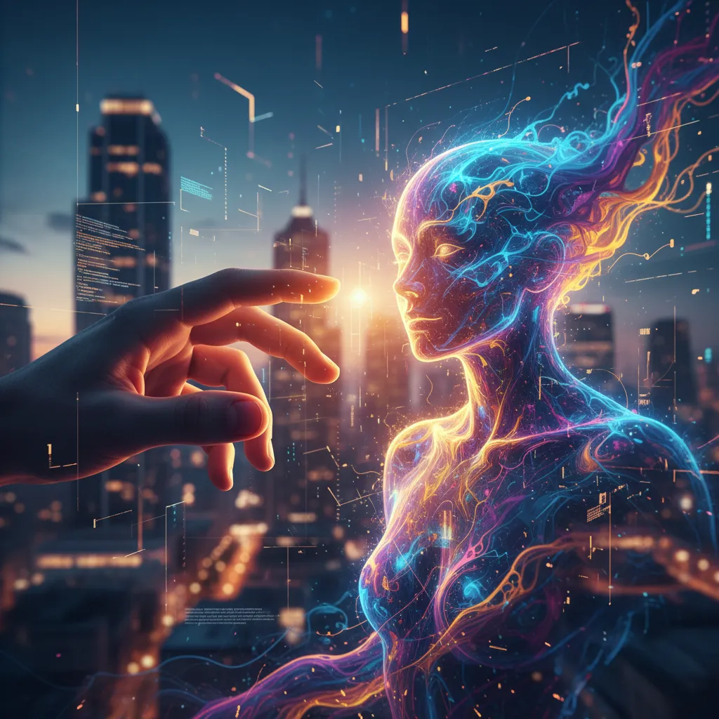 An abstract image showing a human silhouette made of light interacting with a swirling, colorful AI consciousness.