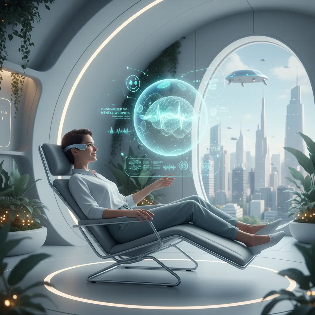 Person interacting with a holographic AI interface for therapy.