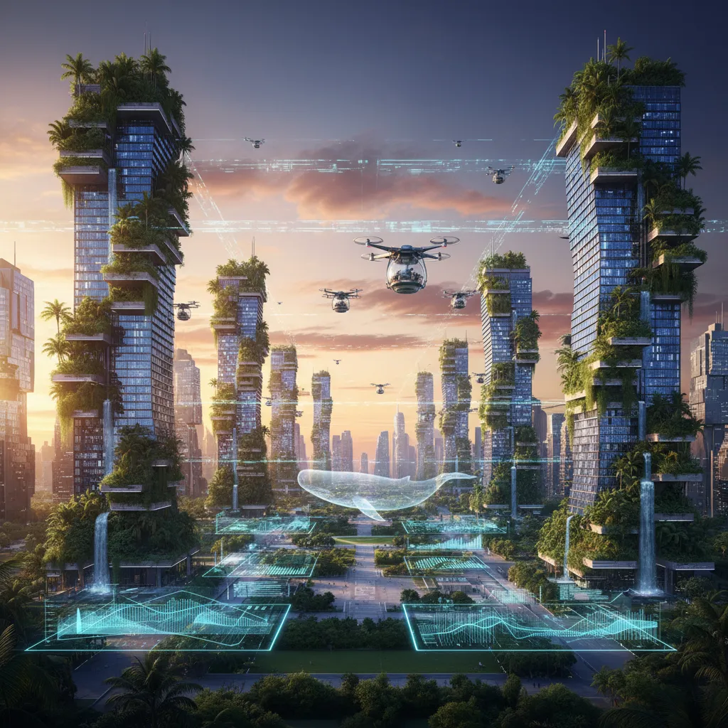 A vivid, cinematic hero image representing the blog topic of AI shaping hyper-personalized eco-cities