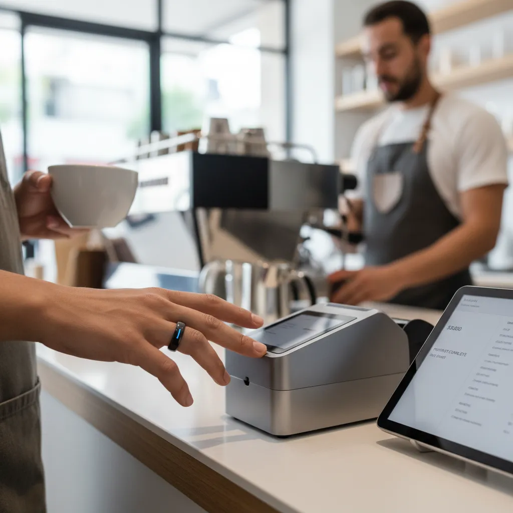 A person making a contactless payment at a cafe using their Samsung Galaxy Ring, demonstrating its lifestyle integration.