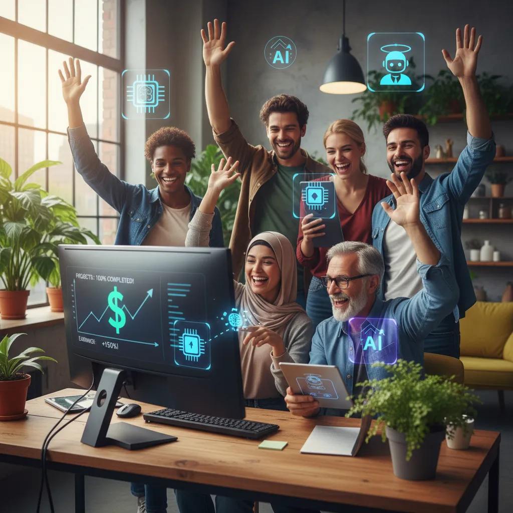 Diverse freelancers celebrating success with AI icons symbolizing growth