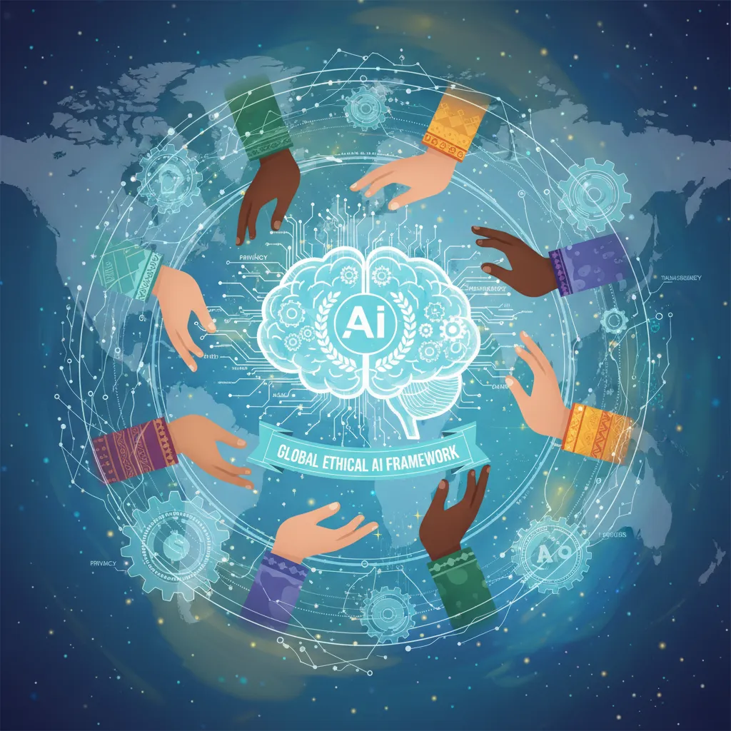 Stylized illustration of global hands collaborating on an ethical AI framework.