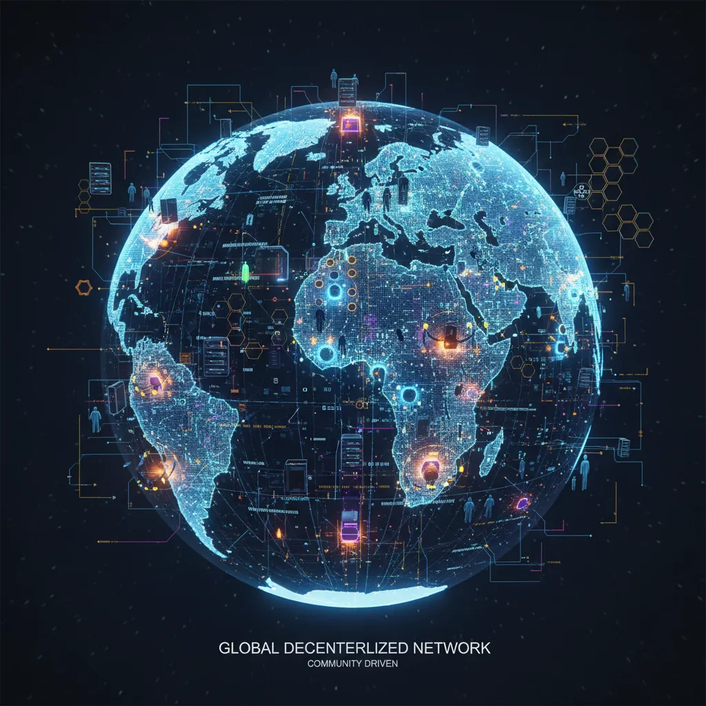 Globe showing interconnected decentralized physical infrastructure networks and global data flow, highlighting community ownership.