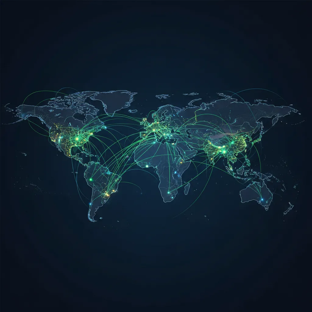 Global financial network with green-highlighted sustainable investment flows
