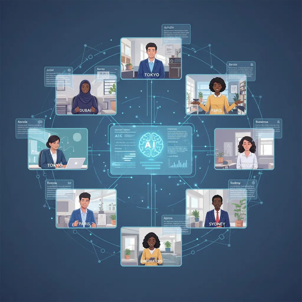 International team collaborating virtually with AI translation and insights