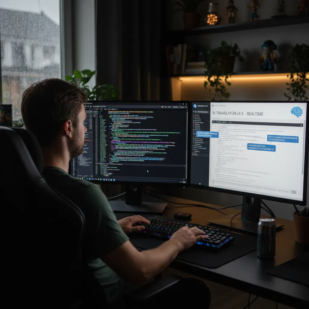 A sleek, modern computer dashboard showing code being translated from one programming language to another by an AI assistant.