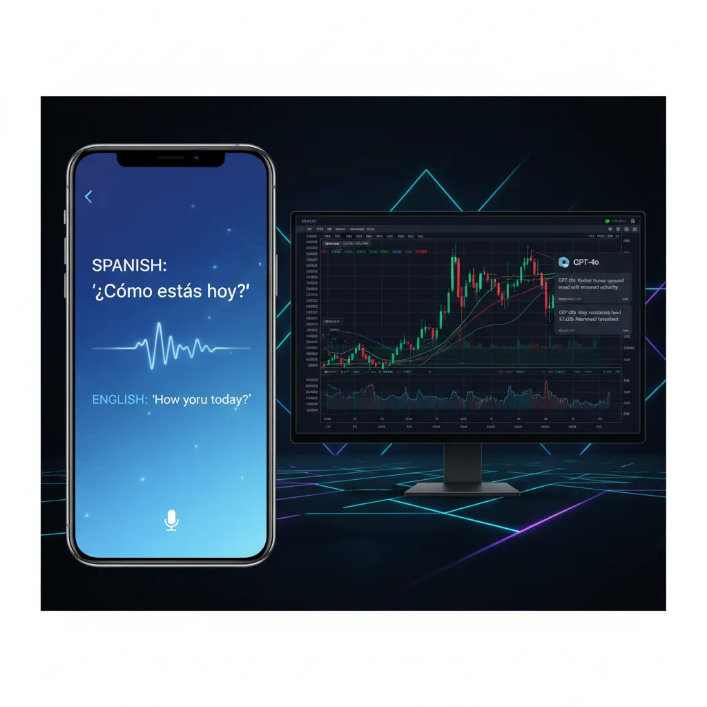 A split-screen image showing GPT-4o translating a live conversation on one side and providing real-time data analysis on a chart on the other, demonstrating its multitasking power.