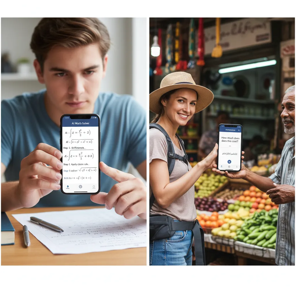 Examples of GPT-4o in action: solving a math problem and translating a conversation, illustrating its versatility across different human needs.
