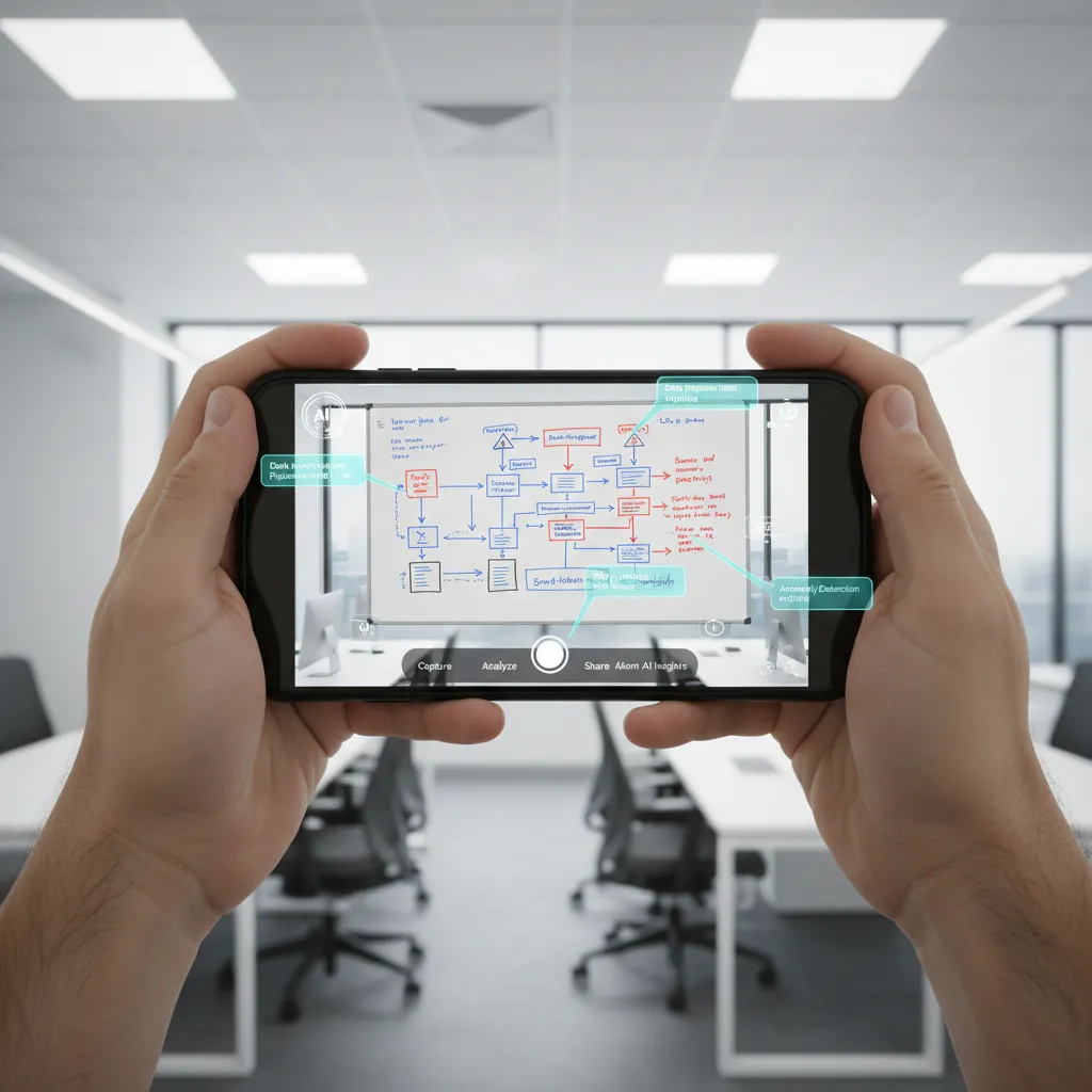 A smartphone screen showing the GPT-4o AI identifying objects in a live video of a messy desk and providing organizational suggestions.