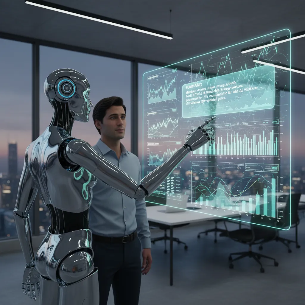 An illustration of the GPT-4o AI model analyzing a complex chart on a screen and providing insights.
