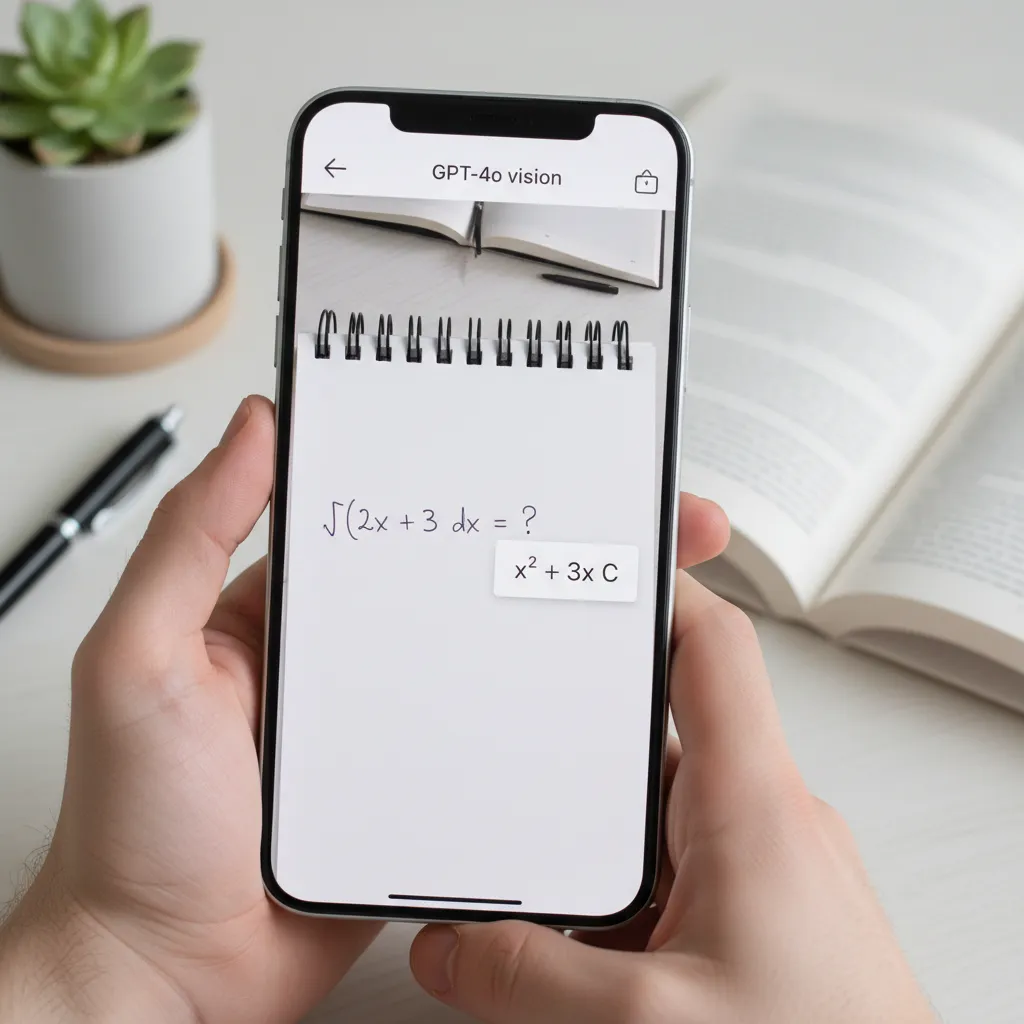 A smartphone screen showing the GPT-4o app using its vision capabilities to solve a math problem written on paper.