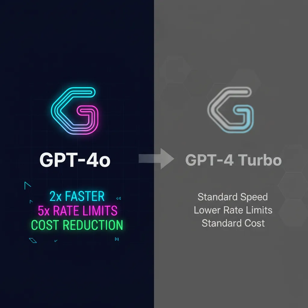 A split screen showing the GPT-4o logo next to the GPT-4 Turbo logo, with a clear '2x Faster' and '50% Cheaper' infographic.