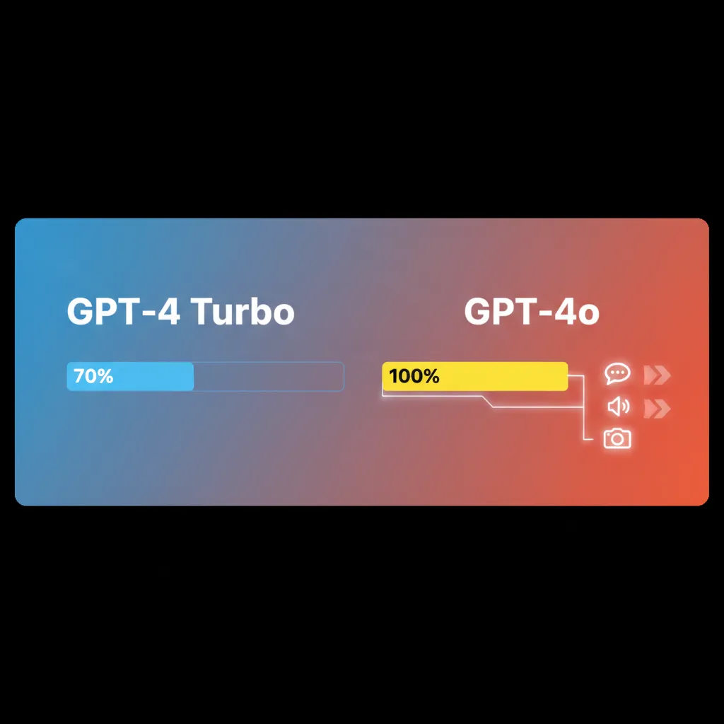 A split-screen graphic comparing the slower, text-only speed of GPT-4 Turbo against the faster, multimodal speed of GPT-4o.