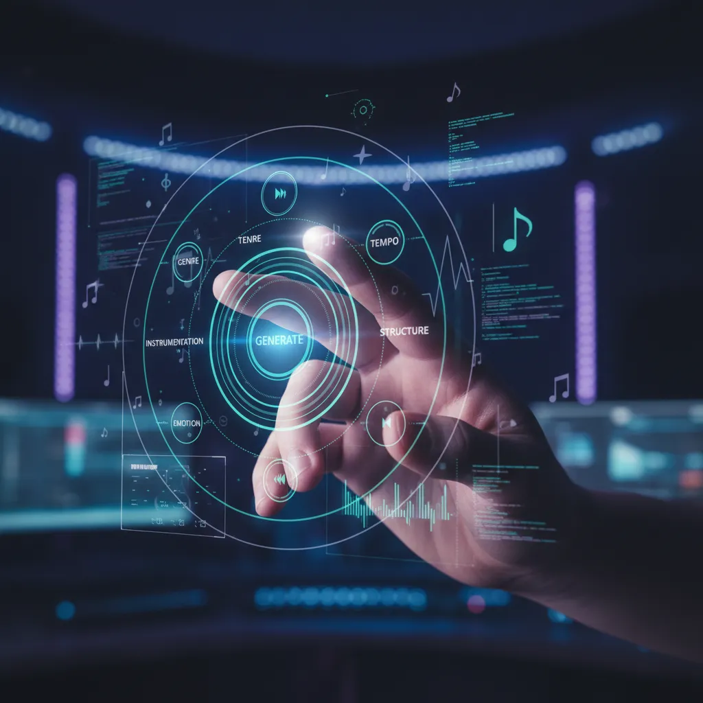 Hand interacting with holographic interface for AI music generation