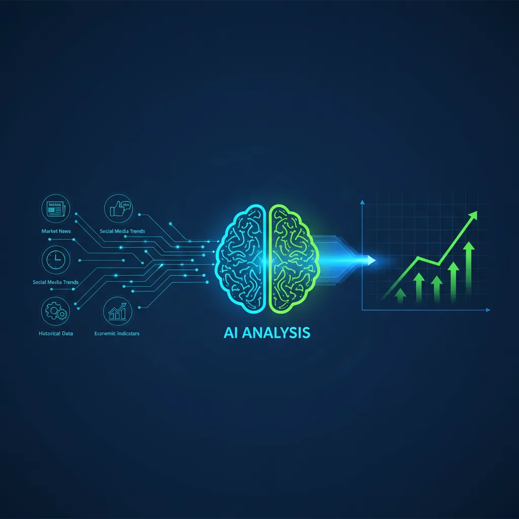 A diagram showing how artificial intelligence analyzes different data sources for stock market prediction.