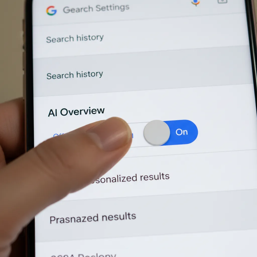 A user easily toggling off the Google AI Overview feature in their search settings on a smartphone.
