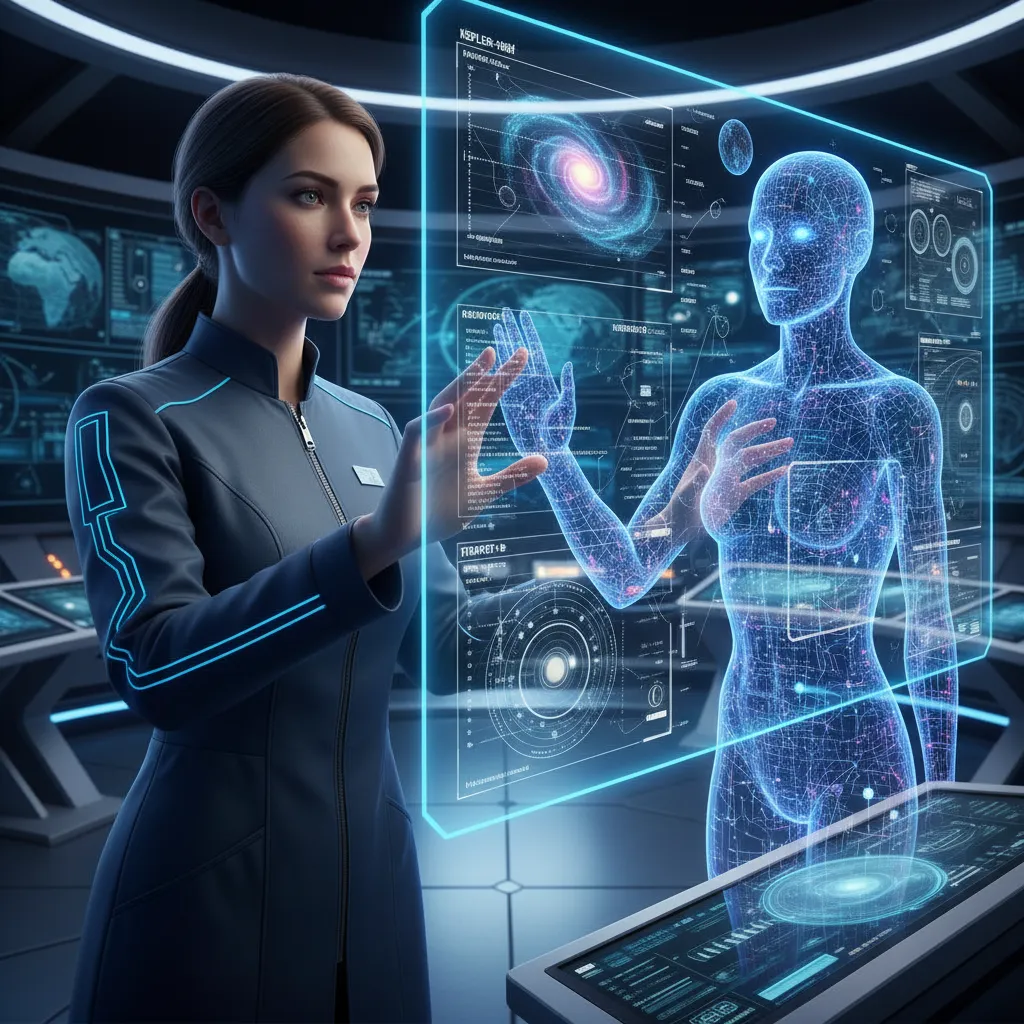 Human scientist interacting with holographic AI interface displaying cosmic data