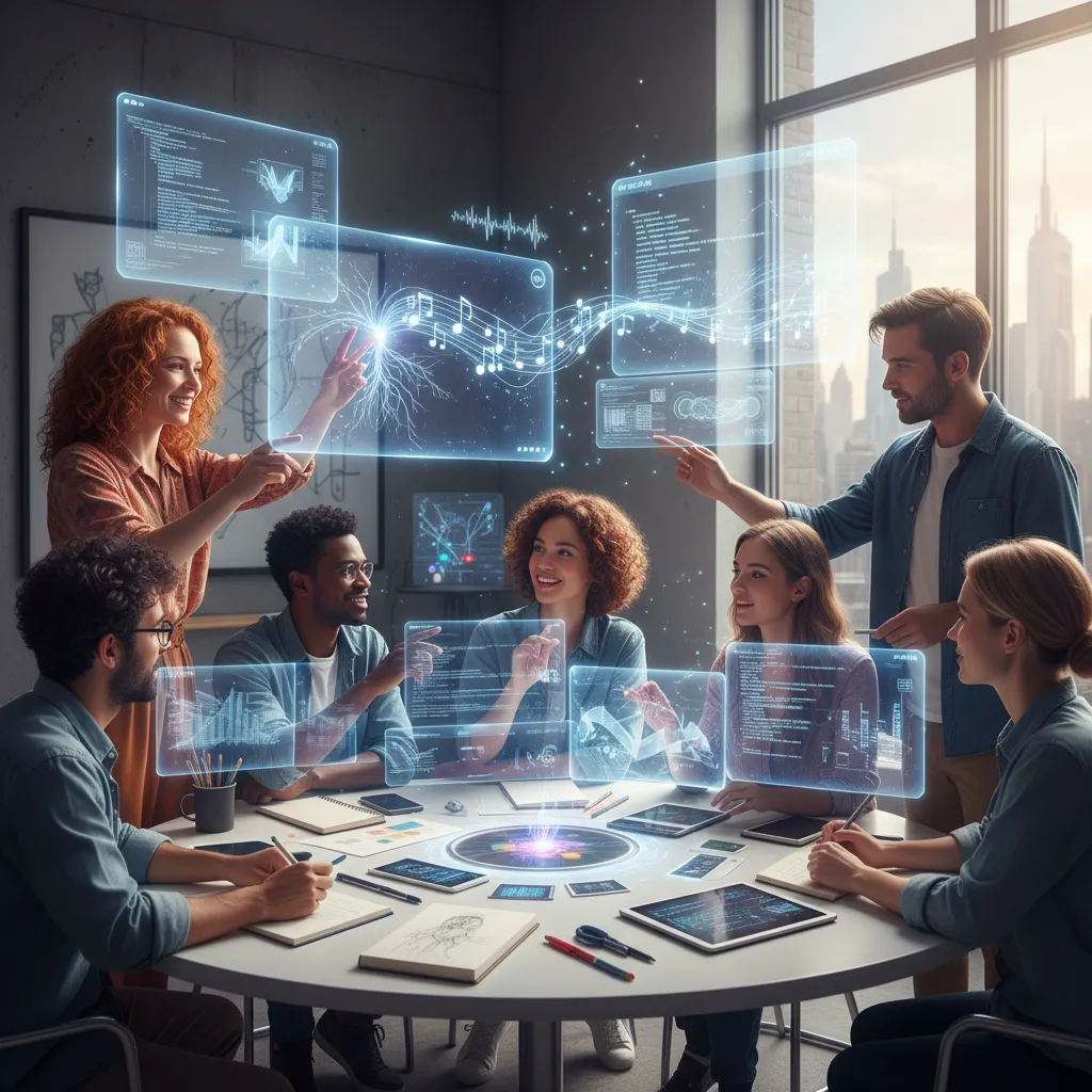 Artists, musicians, designers brainstorming with AI interfaces