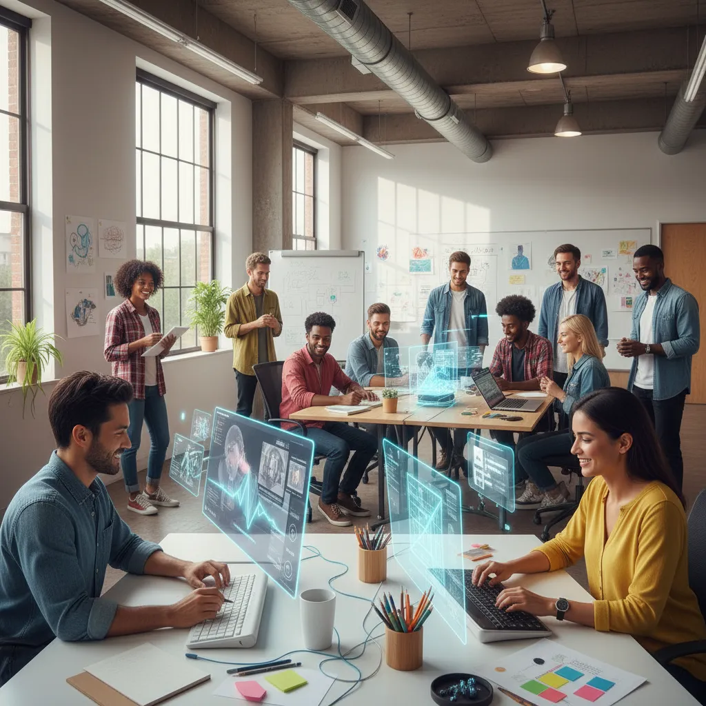 Artists, writers, and designers collaborating with AI agents in a creative workspace.