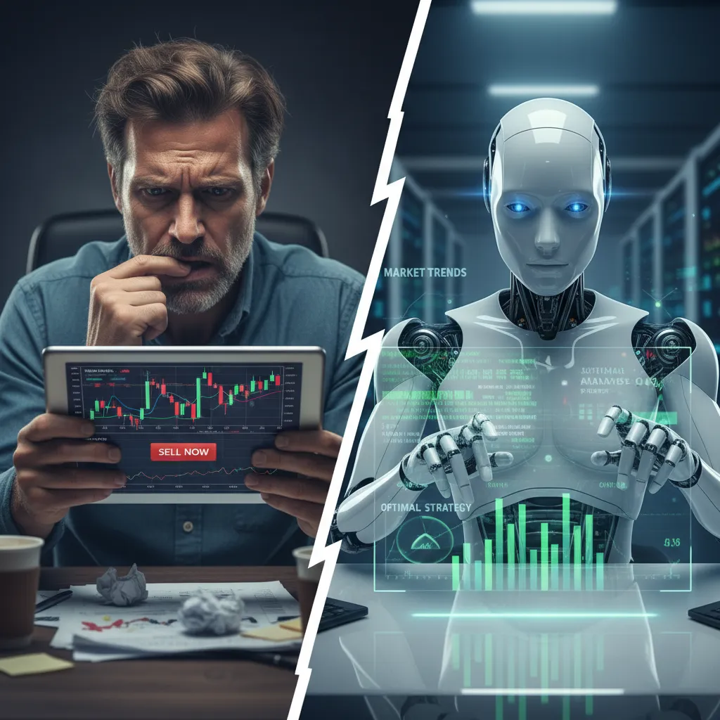 Split image contrasting a stressed human investor with a calm AI robot analyzing data.
