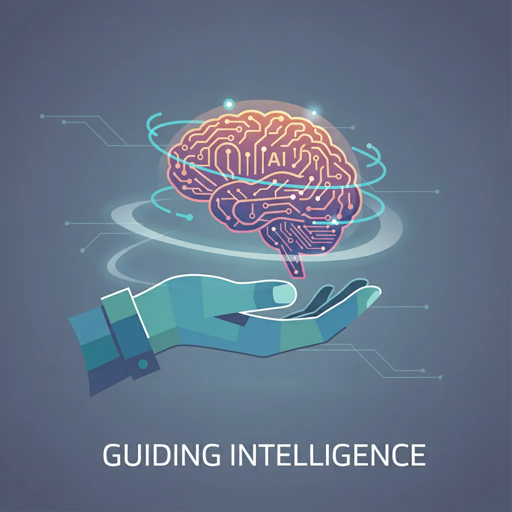 Human hand stabilizing an AI brain icon, symbolizing oversight.