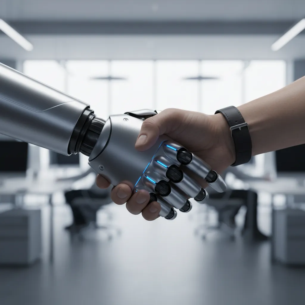 Human hand shaking a robotic hand in an office.