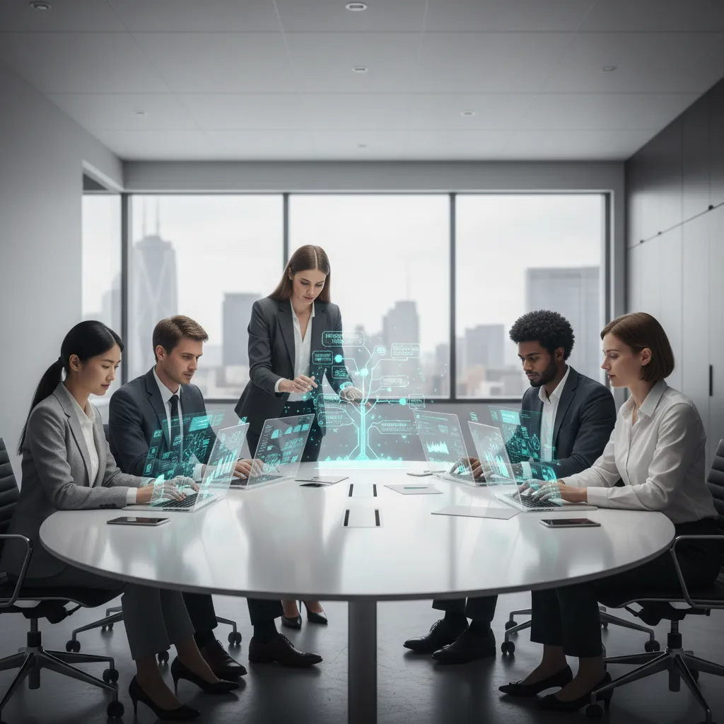 Diverse team collaborating with AI insights on screens