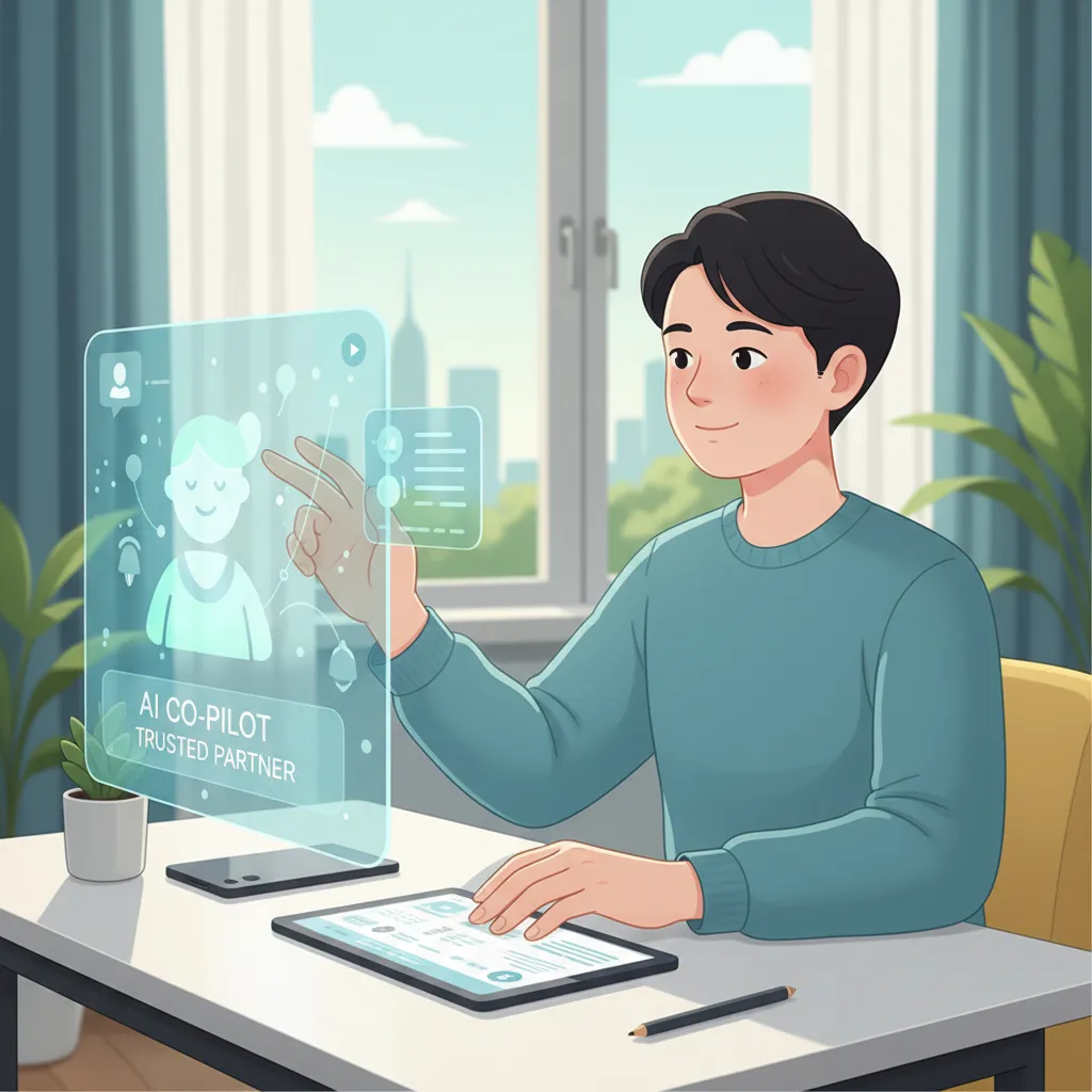 Visual of human interacting positively and safely with an AI interface.