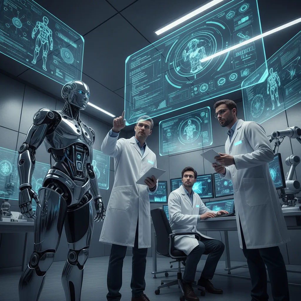 Scientists programming a humanoid robot in a lab